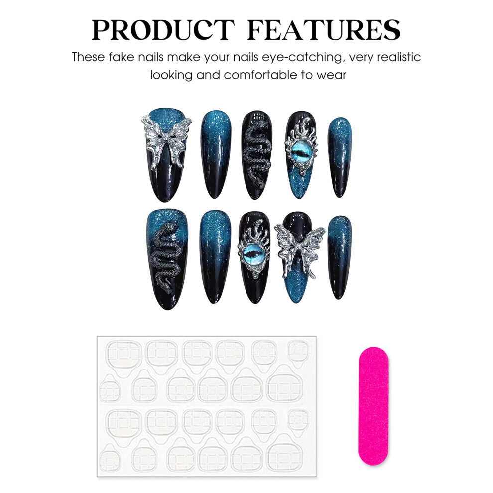 Penghui-Toys (M) Blue Gradient False Nails With Glitter Charming Comfortable To Wear Manicure Nails For Stage Performance Wear