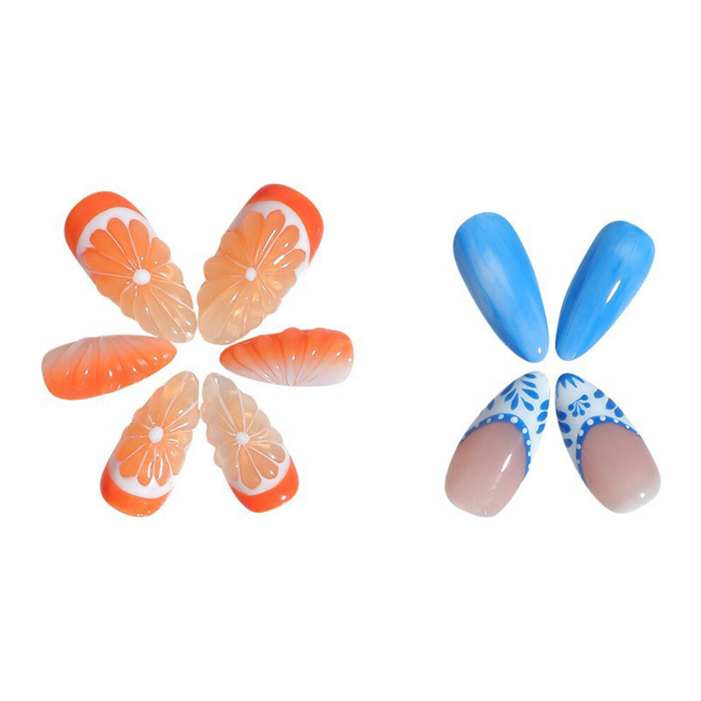 Reach-Tools Blue,Orange (M) Blue & Nude Fake Nails With Orange Decor