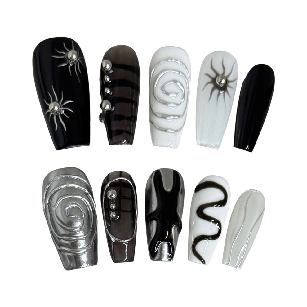 Penghui-Toys (L) Glossy Black White Fake Nails With Sun Printed Reusable Long Lasting Press On Nails For Shopping Traveling Dating