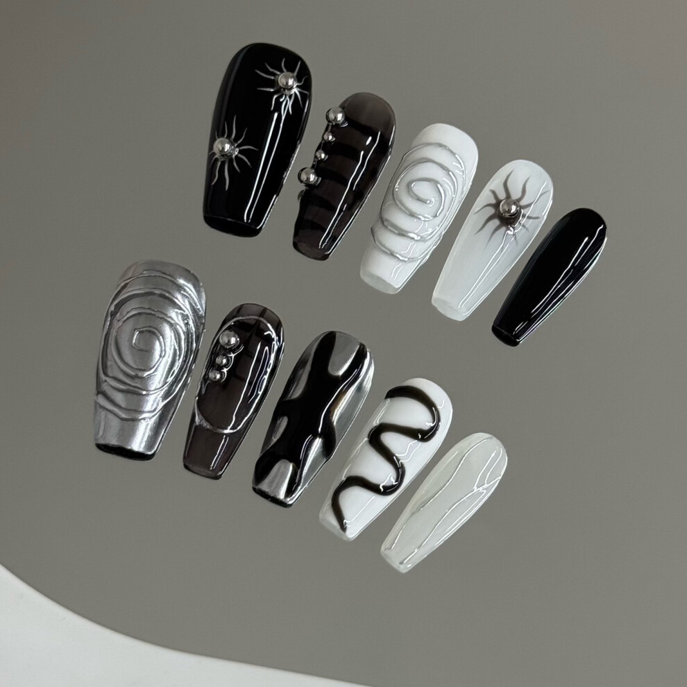 Penghui-Toys (M) Glossy Black White Fake Nails With Sun Printed Reusable Long Lasting Press On Nails For Shopping Traveling Dating