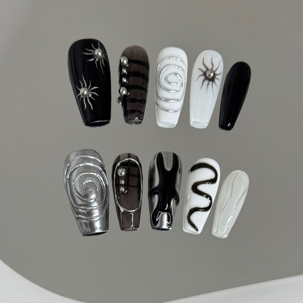 Penghui-Toys (Xs) Glossy Black White Fake Nails With Sun Printed Reusable Long Lasting Press On Nails For Shopping Traveling Dating