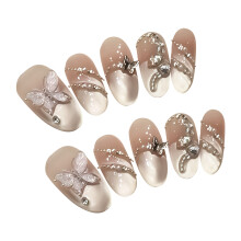 (Medium Oval, S) 10 Pcs Glossy Cat Eye False Nails with Butterfly Decor French Style Press On Nails For Women Party Daily Wear
