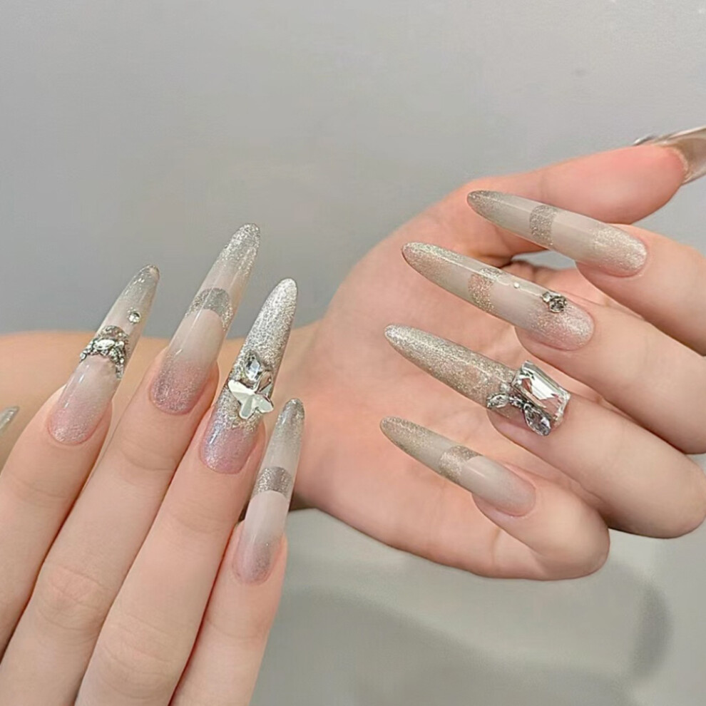 Dcph-Clothing 24Pcs Gradient Glitter French False Nails