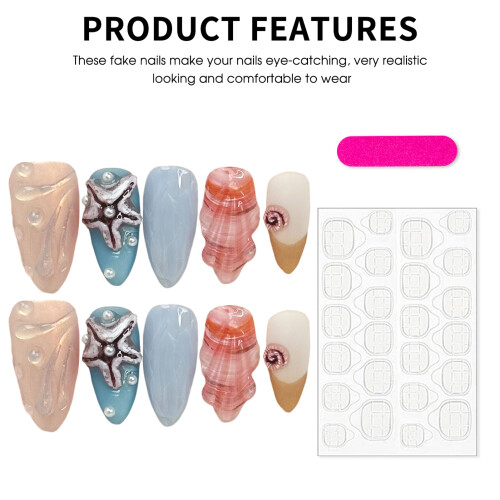 (S) Conch Blue False Nails for Women - Easy Apply 2