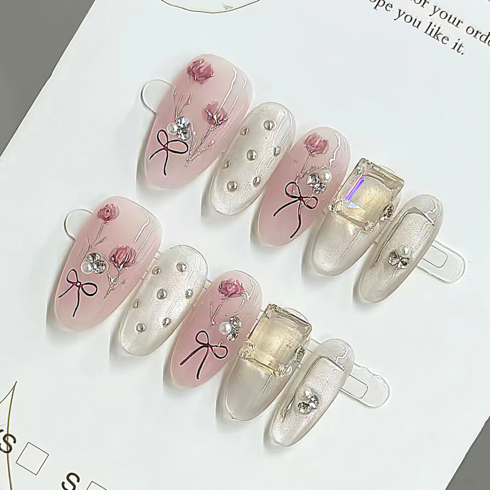 Penghui-Toys (Xs) False Nails With Flower Decor With Sparkling Rhinestone Design Press On Nails For Fingernail Diy Decoration