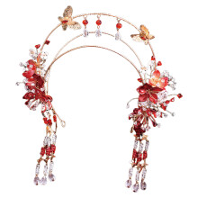(Red Saint Crown) Chinese Red Bride Xiuhe Hair Accessories with Saint Crown, Earrings Glass Forehead Pendant for Wedding Celebration