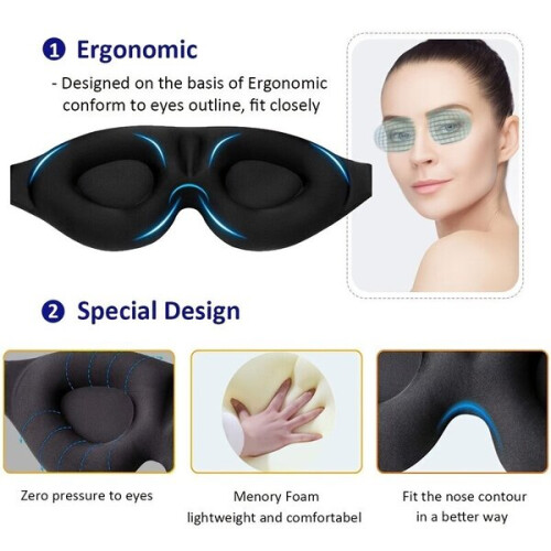 Sleep Mask 3D Contoured Light Blocking Cup Shape for Deep Sleep Travelling Yoga, Soft Concave Design Adjustable Strap 2
