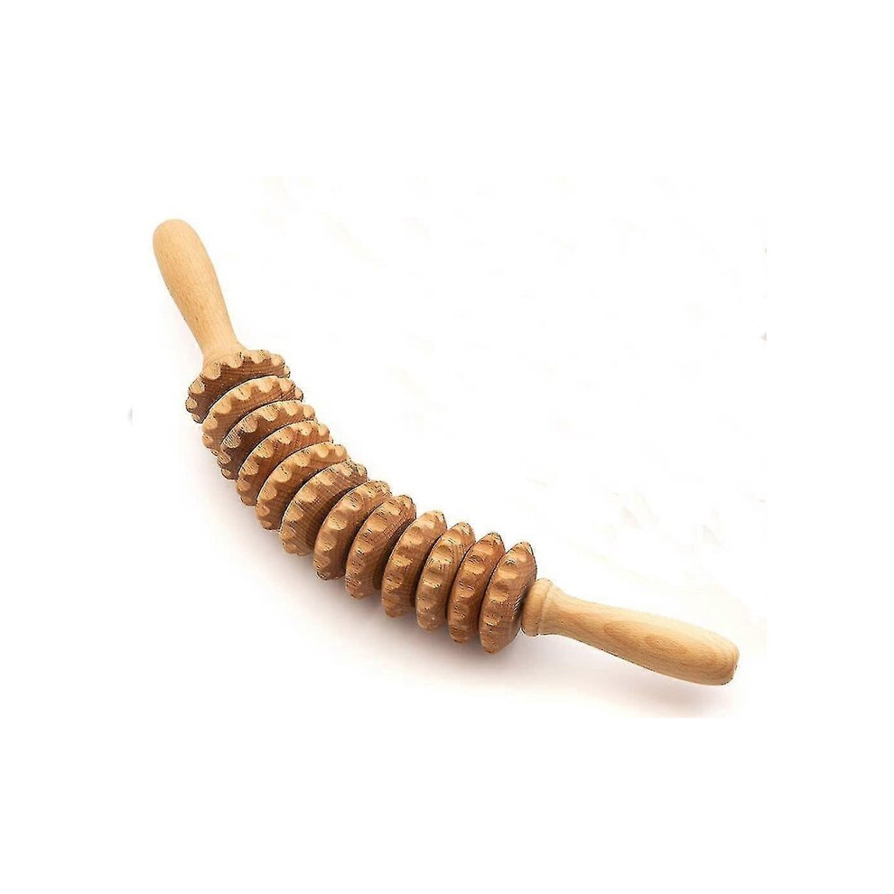 Wooden Massage Roller - 12 Wheel Body Massager for Circulation Muscle Tone, Beechwood Handheld Massage Stick for Cellulite