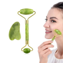 Facial Massage Set with Jade Roller and Gua Sha for Face and Neck, Natural Stone Tools to Reduce Puffiness