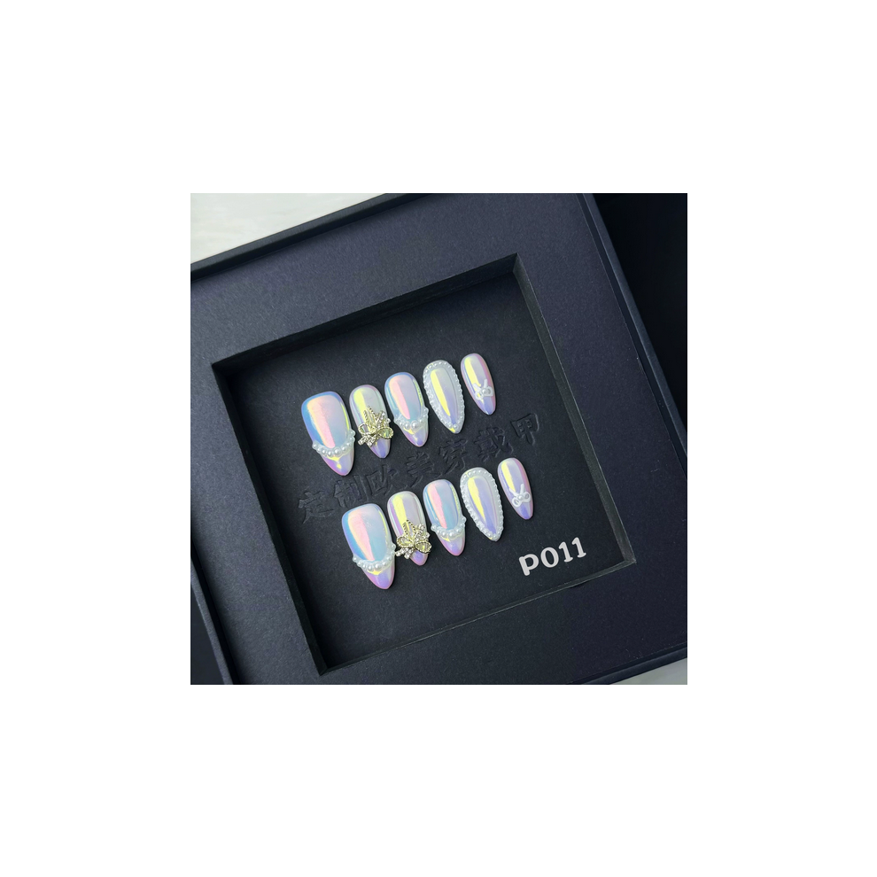 Penghui-Toys (Xs) 10Pcs Aurora False Nails With Pearls Decor Odorless Provides A Comfortable Experience For Fingernail Diy Decoration