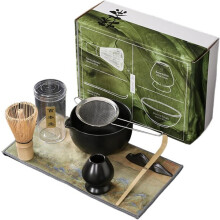 Zestaw do herbaty Matcha, 7-częściowa tradycyjna ceramiczna miseczka z bambusową trzepaczką i uchwytem na herbatę Chasen