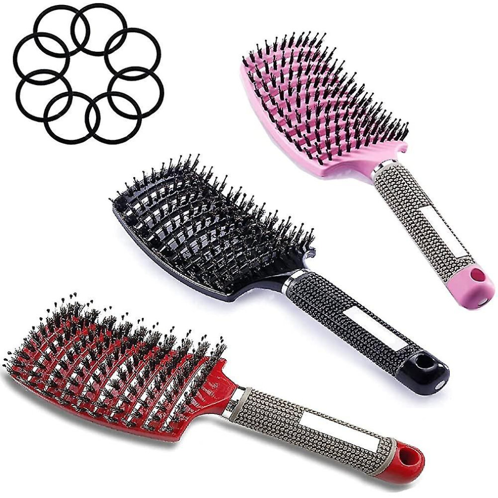 Wild Boar Bristle Hairbrush, Curved Design Hair Brush 3-Piece Set with Nylon Bristles for Scalp Massage Detangling - Includes Hair Ties