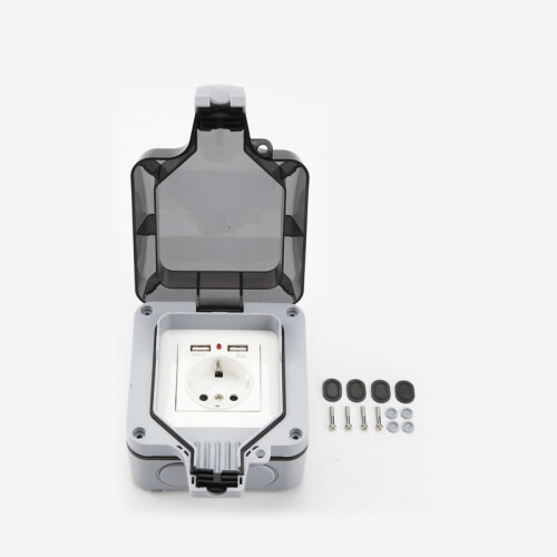 Wasserdichte Steckdose mit Abdeckung, mit 2 USB-Anschlüssen Grey