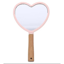 Portable Compact Makeup Mirror with Wooden Handle, Pink Folding Travel Design for Vanity Table, Clear Glass Cosmetic Mirror