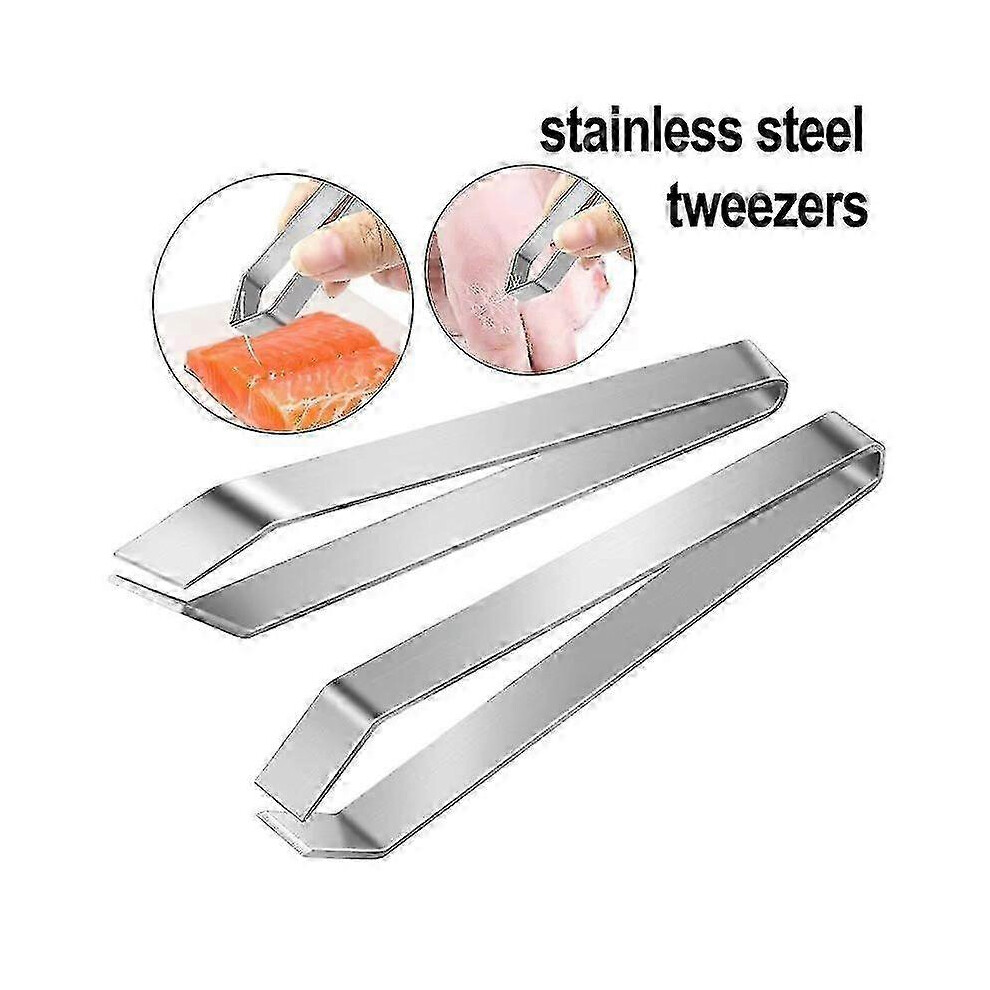 Stainless Steel Fish Bone Tweezers, 2-Piece Set with Flat Oblique Tip, Corrosion-Resistant Kitchen and Poultry Tool