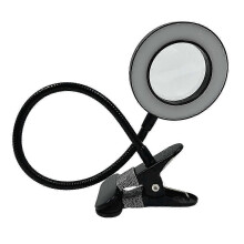 Clip-on vergrootlamp met LED-verlichting, 5x vergroting, instelbare helderheid en kleurtemperatuur voor lezen, nagelkunst en knutselen.