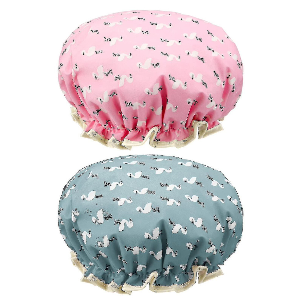 Blue/Pink Women's Waterproof Shower Cap 2-Pack, Foldable Reusable, Elastic Bath Cap For Shower, Spa, Makeup, And