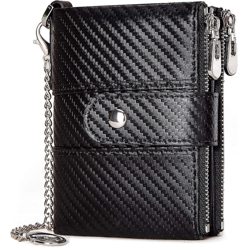 Men's Leather Chain Wallet with Double Fold Zipper, RFID Blocking, 14 Card Slots Coin Pocket