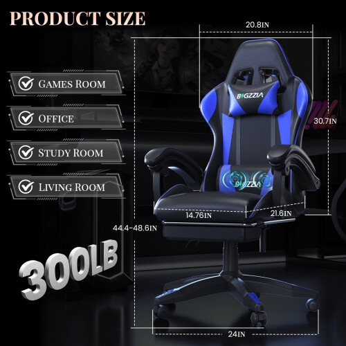 (Blue)Massage Gaming Chair Recliner with Footrest 1