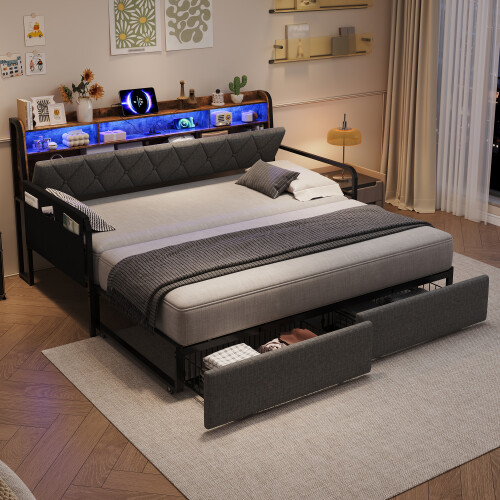 Grey Single Sofa Bed with Trundle & Hidden Storage