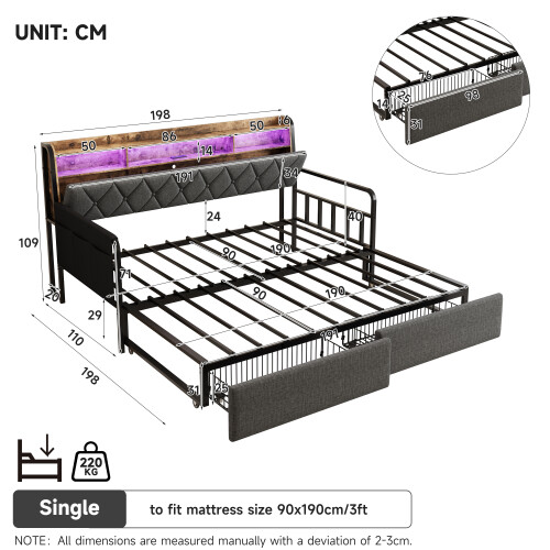 Grey Single Sofa Bed with Trundle & Hidden Storage 1