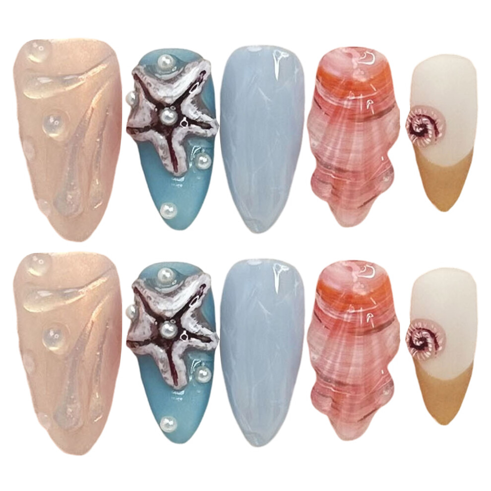 Penghui-Toys Blue (Xs) False Nails With Conch Decor Easy Effortless Application To Nails For Women And Girl Nail Salon