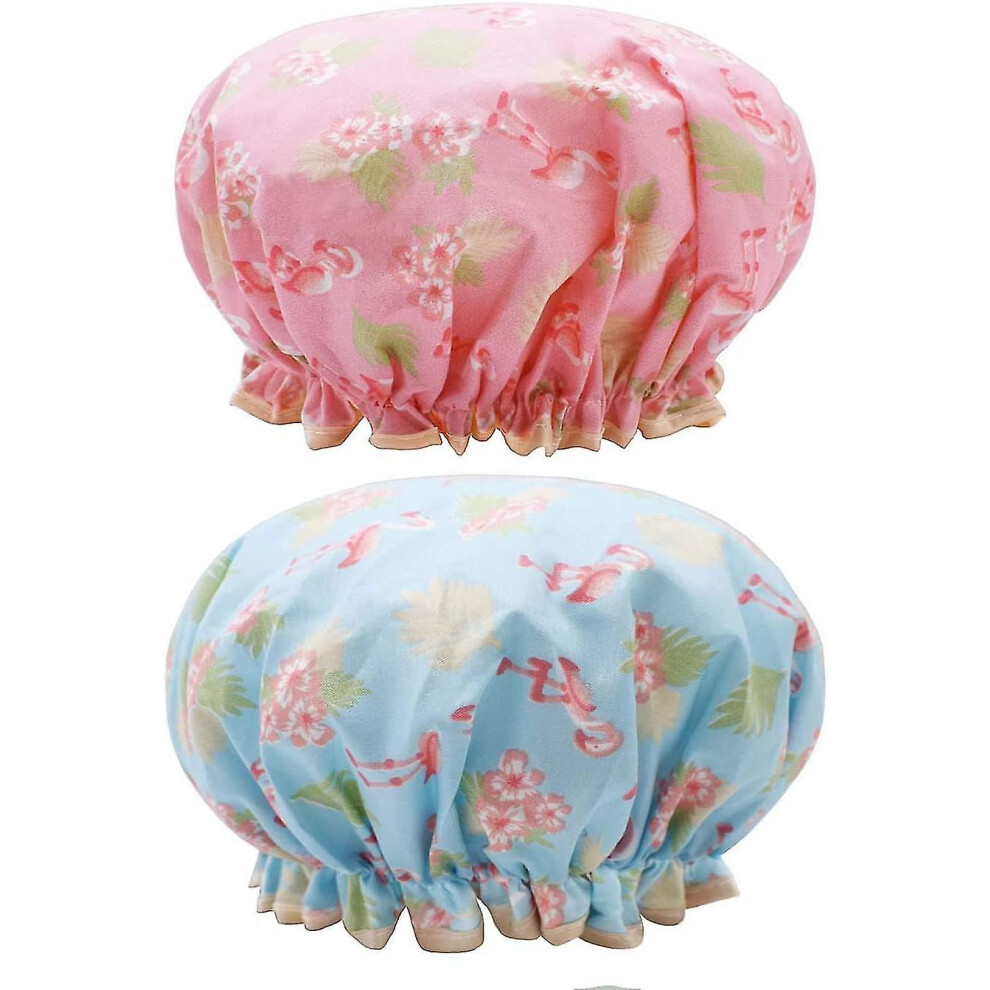 Shower Cap 2-Piece Set, Double Layer Waterproof with Elasticated Band, Flamingo Print, for Adults Kids, Bath Spa Makeup