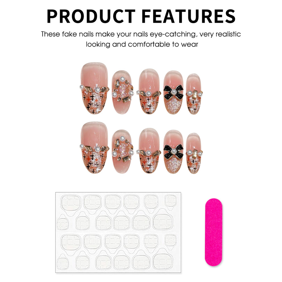 Penghui-Toys (Medium Ellipse) Handmade Pink Press On Nails With Glitter Natural Unbreakable Nail Simple Wear For Daily And Parties Wearing