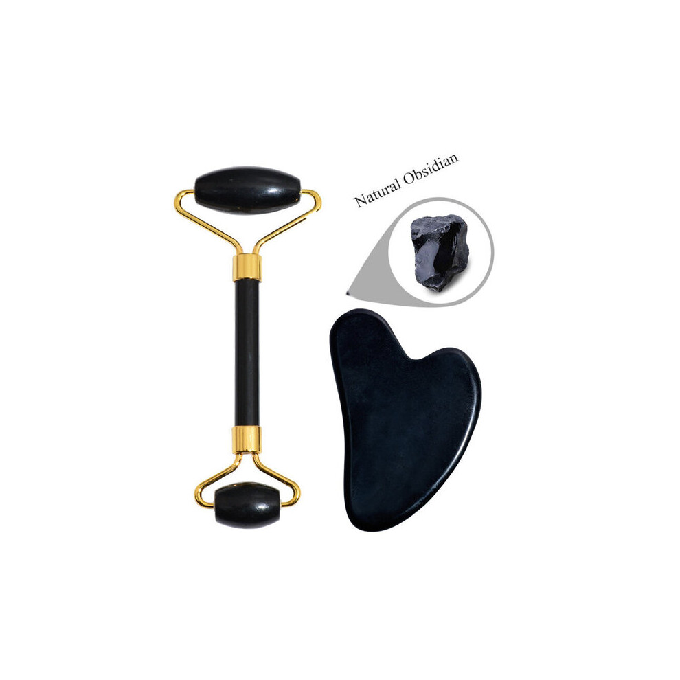 Obsidian Facial Roller and Gua Sha Set with Double-Sided Roller and Body Gua Sha for Face and Body Massage