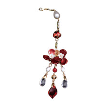 (Red Flower Forehead Pendant) Chinese Red Bride Xiuhe Hair Accessories with Saint Crown, Earrings Glass Forehead Pendant for Wedding Celebration