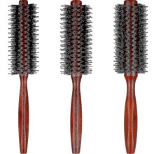 Boar Bristle Round Brush 3-Piece Set with Wooden Handle, 10/12/14 Rows for Detangling and Styling Most Hair Types
