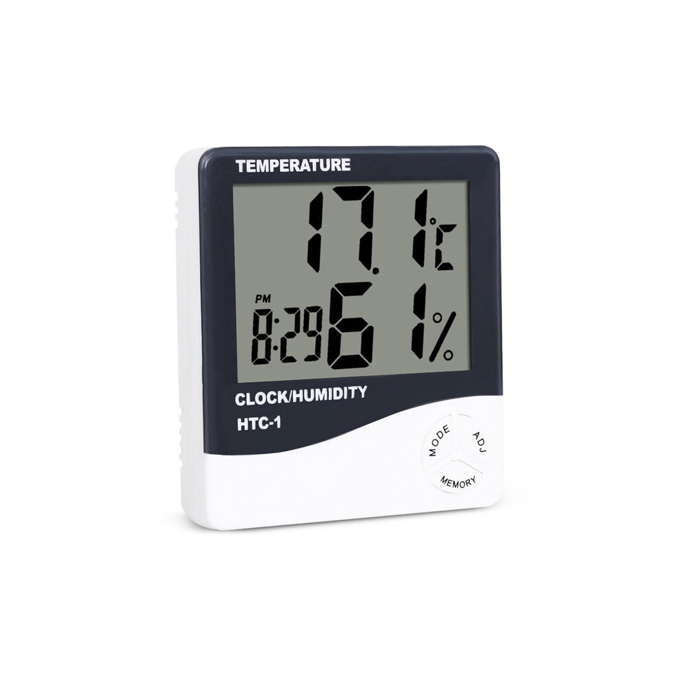 Electronic LCD Thermometer Temperature and Humidity Clock Indoor with Stand and Wall Mount, -10 to 50C 10-99% RH, AAA Battery