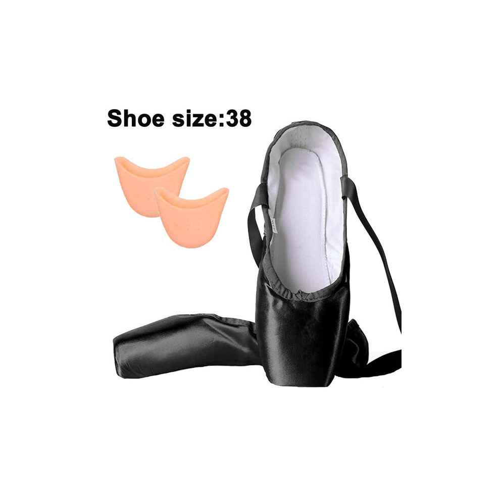 Ballet Shoes for Women Black Satin Size 38 with Silicone Toe Pads for Dance Practice Training