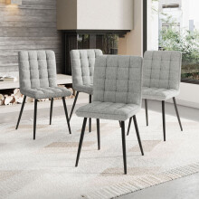 4Pcs Light Grey Linen Tufted Dining Chairs - Button Tufts, Painted Black Metal Legs