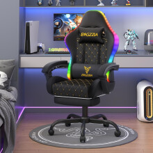 (Black)RGB LED Gaming Chair Recliner with Footrest