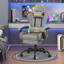 (Grey)RGB LED Gaming Chair Recliner with Footrest