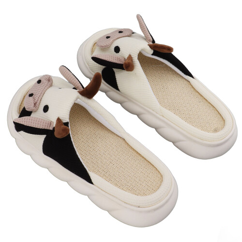 Comfortable Cow Pattern Linen Slippers for Men, Size 40-41