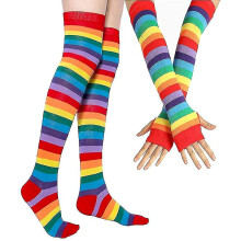 Set da donna composto da calze al ginocchio, guanti, muffole e scaldamuscoli in acrilico a maglia arcobaleno, taglia unica.