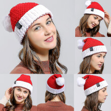 Rode gebreide kerstmuts met pompon, unisex wintermuts voor volwassenen, feestelijke wollen muts