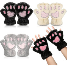 Fingerless Gloves Cat Paw Design, 3 Pairs Fleece Half Finger Gloves with Hanging Rope in Assorted Colours for Winter