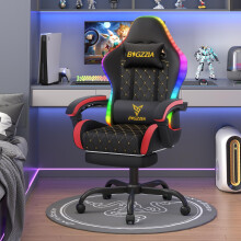 (Red)RGB LED Gaming Chair Recliner with Footrest