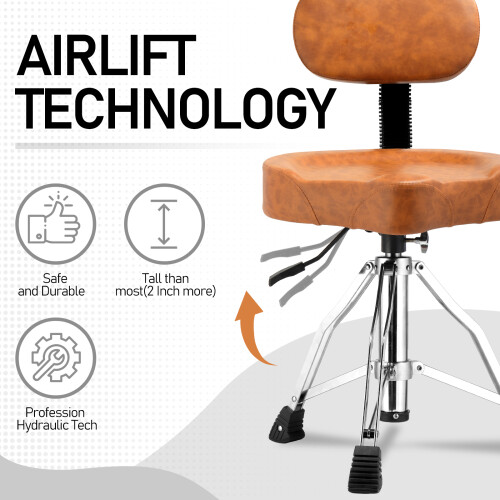 Adjustable Height Hydraulic Drum Stool Seat Saddle W/ Backrest for Drummers