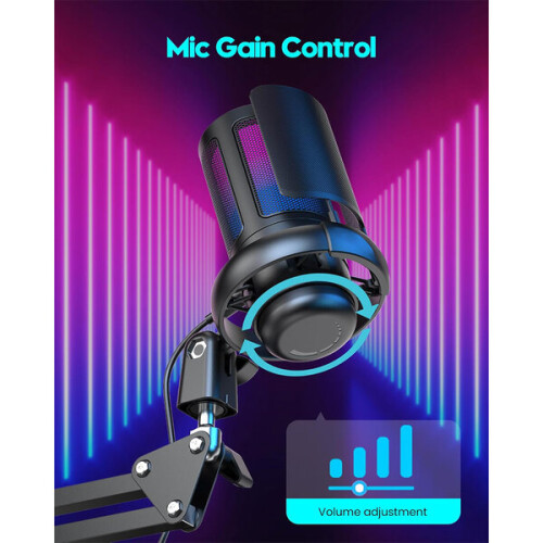 Microfone para Jogos com Iluminação RGB e Captação Cardioide, Compatível com PC e PS5, Plug and Play, Braço Flexível, Controle de Volume 2