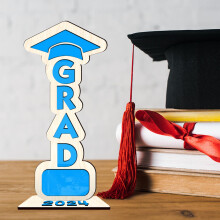 Graduation Wooden Ornament 20.4x9.2cm DIY Desktop Decor Blue Basswood