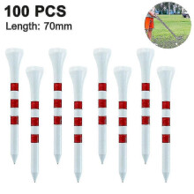Bamboe golftees 83 mm x 70 mm, wit en rood houtkleurig, verpakking van 100 stuks, biologisch afbreekbare en duurzame tees voor training en spel.