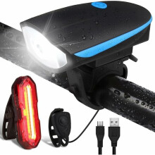 Bicycle Front and Rear Lights Set USB Rechargeable IP65 Waterproof with Safety Buzzer, 3 Front 5 Rear Modes for Cycling Safety