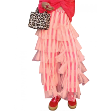 (Pink, M) Women's High Waist Striped Tulle Palazzo Pants, Tiered Ruffle Wide Leg for Club Party, Sky Blue XL