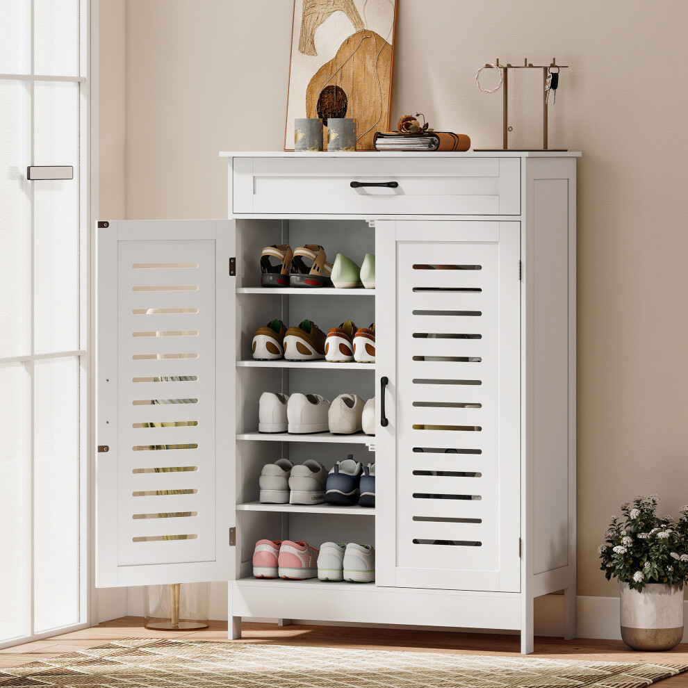 Homcom (White) Modern Shoe Storage Cabinet With Louvered Doors And Drawer