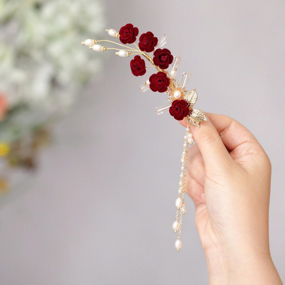 Dcph-Clothing Vintage Red Flower Pearl Hair Clips For Women
