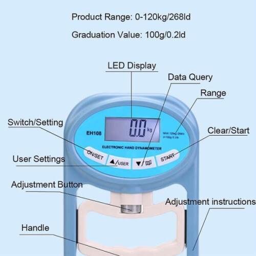 Digital Hand Dynamometer, High Precision with Strain Gauge LCD Display, 0-120kg Measuring Range, Adjustable Handle